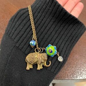 Handmade Elephant Pendant Necklace with Blue Flower Charm